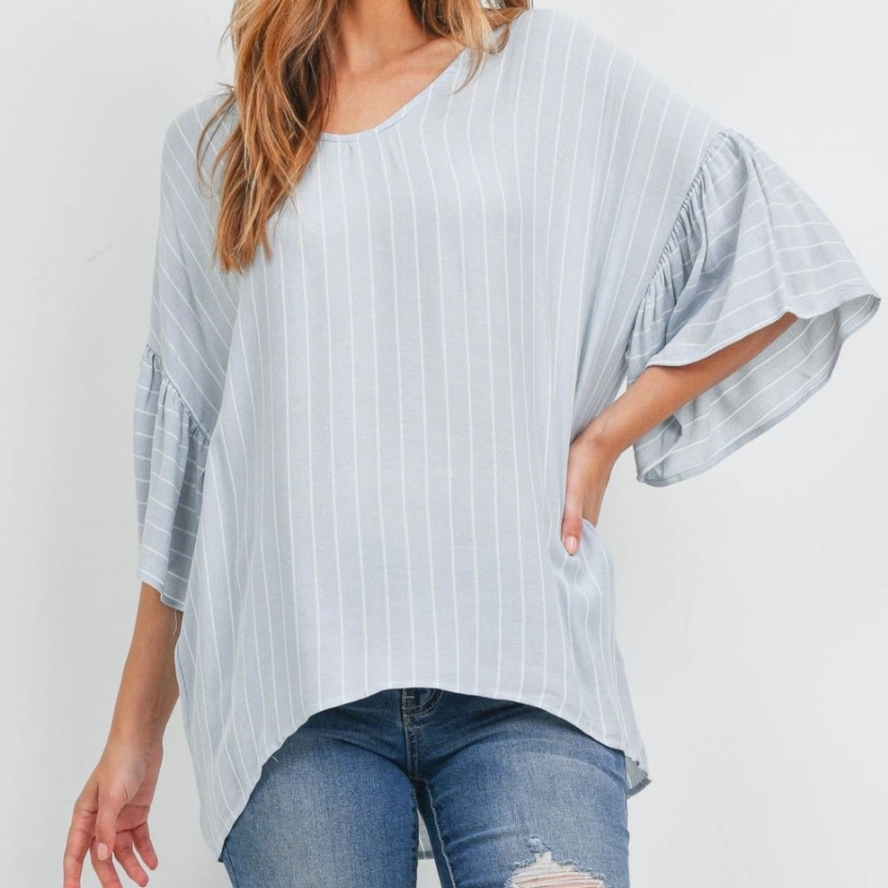 Dusty Blue Striped Tie Back Top – Ruffle Sleeve, High-Low Hem, Loose Fit